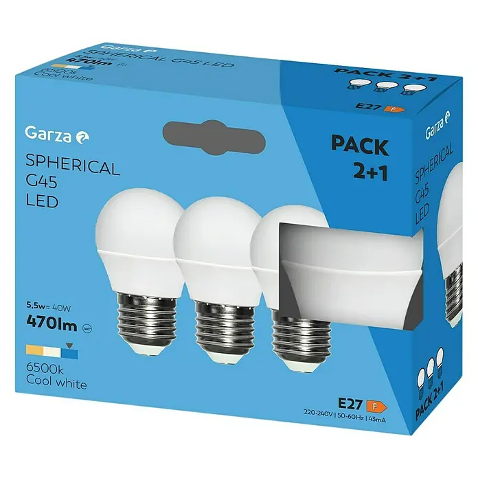 Garza Set de bombillas LED - E27, No regulable, Blanco frío, 470 lm, 6 W, 3 ud. - Imagen de un paquete de 3 bombillas LED Garza Spherical G45, que ofrecen iluminación brillante y energéticamente eficiente.