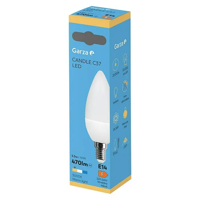 Garza Bombilla LED - E14, No regulable, Blanco cálido, 470 lm, 6 W, Vela - Imagen de una bombilla LED Garza CANDLE C37 con base E14, que proporciona 470lm de luz y emite una luz blanca cálida.