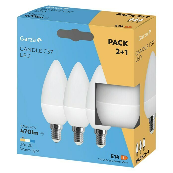 Garza Bombilla LED Vela (3 uds., E14, 3 x 5 W, Color de luz: Blanco cálido, No regulable)