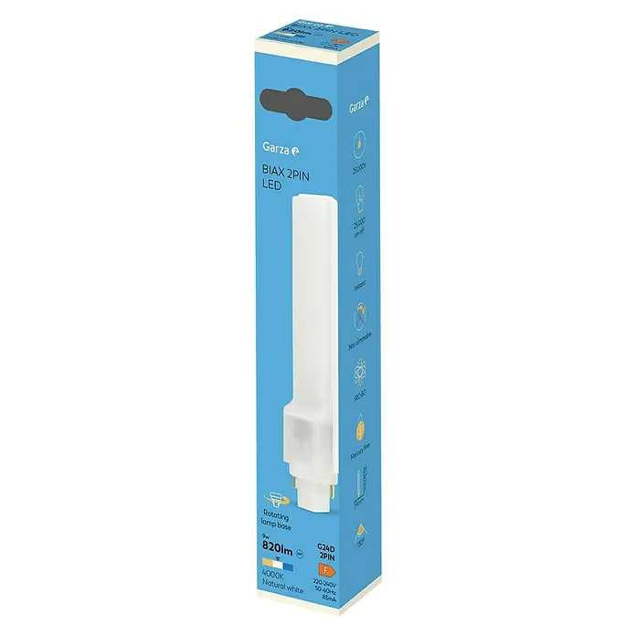Garza Bombilla LED Biax - G24d-2, Blanco neutro, 900 lm, 11 W - Imagen del producto de una lámpara "Garza BIAX 2PIN LED" de 9W, 820lm y temperatura de color blanco natural de 4000K, empaquetada en una caja de cartón azul.