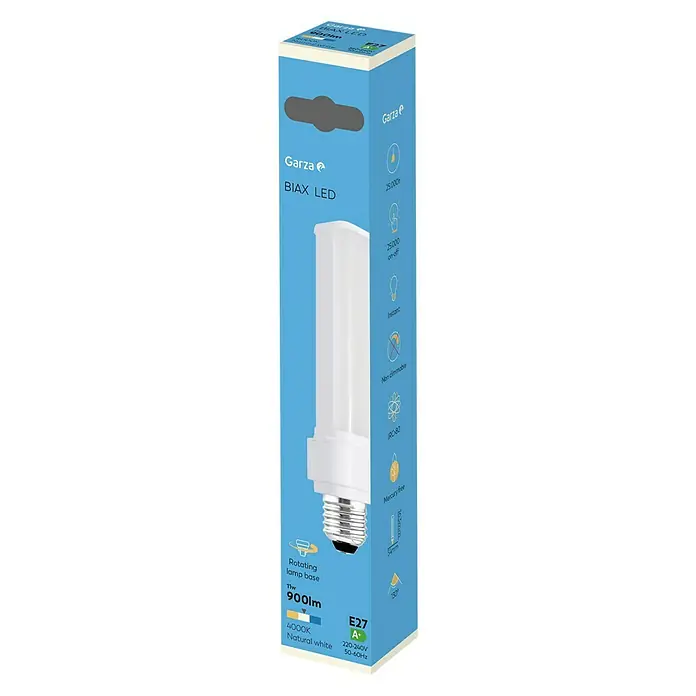 Garza Bombilla LED Biax - E27, No regulable, Blanco neutro, 900 lm, 11 W - Embalaje del producto de una bombilla LED Garza BIAX con 11W, 900lm, 4000K Natural White, E27 y clase de eficiencia energética A+.