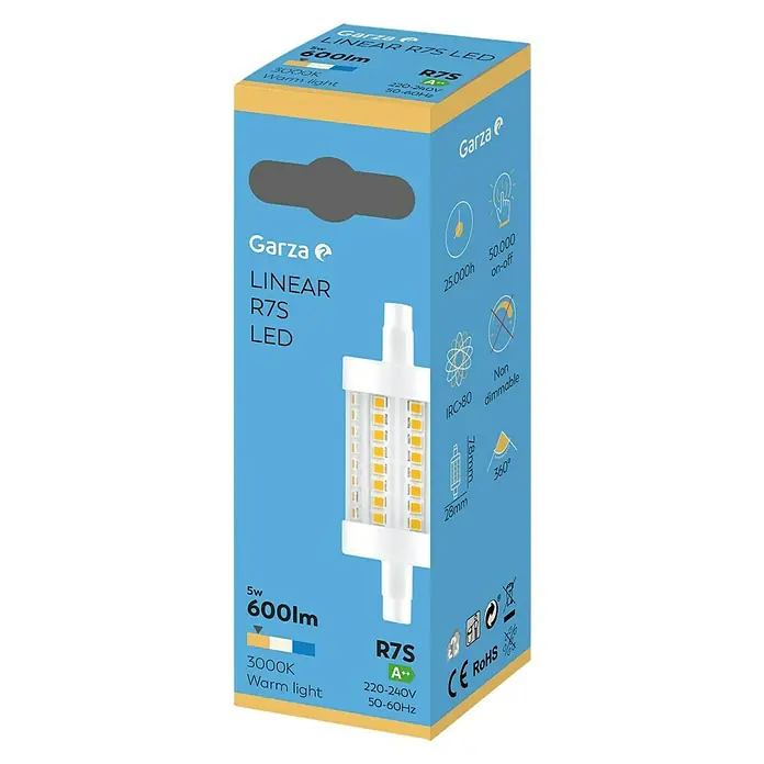 Garza Bombilla LED Lineal - R7s, No regulable, Blanco cálido, 600 lm, 5 W - Embalaje de una luz LED Garza R7S, que produce luz blanca cálida a 600lm, con una vida útil de 25.000 horas y función no atenuable.