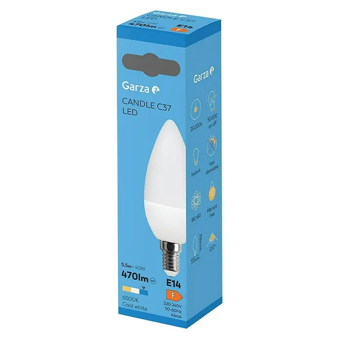 Garza Bombilla LED - E14, No regulable, Blanco frío, 470 lm, 6 W, Vela - Imagen de una caja azul con una bombilla LED de vela Garza C37.