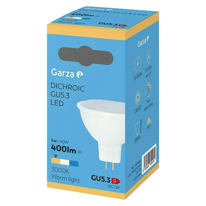 Garza Bombilla LED - GU5,3, No regulable, Blanco frío, 400 lm, 3,5 W - Imagen del embalaje de una lámpara LED Garza GU5.3, que emite luz cálida a 3000K y 400 lúmenes. Se indica que la bombilla no es regulable.