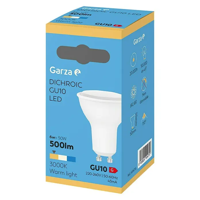 Garza Bombilla LED - GU10, No regulable, Blanco cálido, 500 lm, 3.000 K, 7 W - Embalaje del producto: Bombilla LED GU10 de Garza, 6W equivalente a 50W, 500lm, luz cálida 3000K, no regulable.