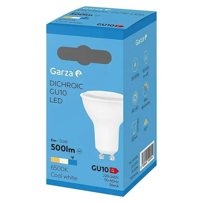 Garza Bombilla LED - GU10, No regulable, Blanco frío, 500 lm, 5.000 K, 7 W - Embalaje de una bombilla LED GU10 de Garza, 6W≈50W, 500lm, 6500K, Cool white.