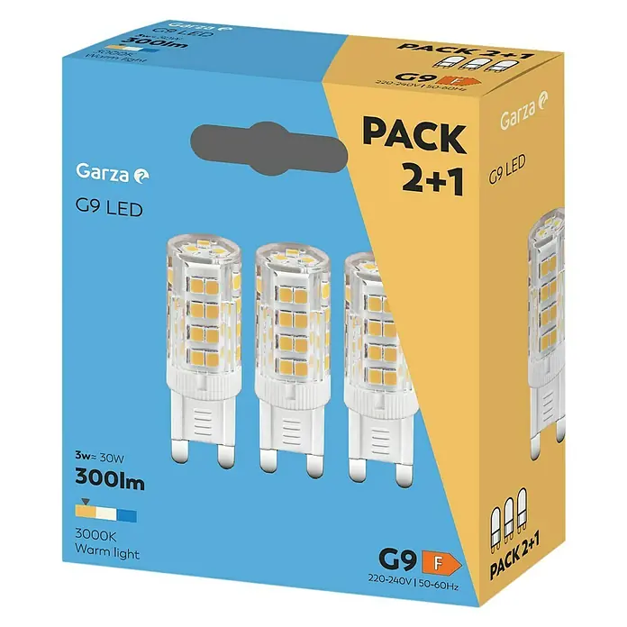 Garza Bombilla LED - G9, No regulable, Blanco frío, 300 lm, 3,5 W - Imagen del producto de las bombillas LED Garza G9, paquete de 3, luz blanca cálida, de bajo consumo y larga duración.