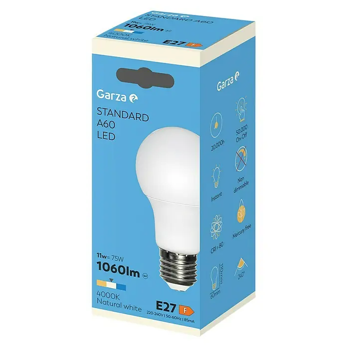 Garza Bombilla LED - E27, No regulable, Blanco neutro, 1.060 lm, 12 W - Bombilla LED Garza STANDARD A60 con 1060lm y casquillo E27. Eficiencia energética y luz blanca natural.