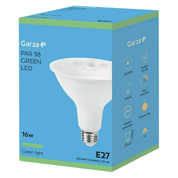 Garza Bombilla LED - E27, No regulable, Verde, 16 W - Primer plano del embalaje de una bombilla LED verde PAR 38 de Garza, que muestra detalles y especificaciones.