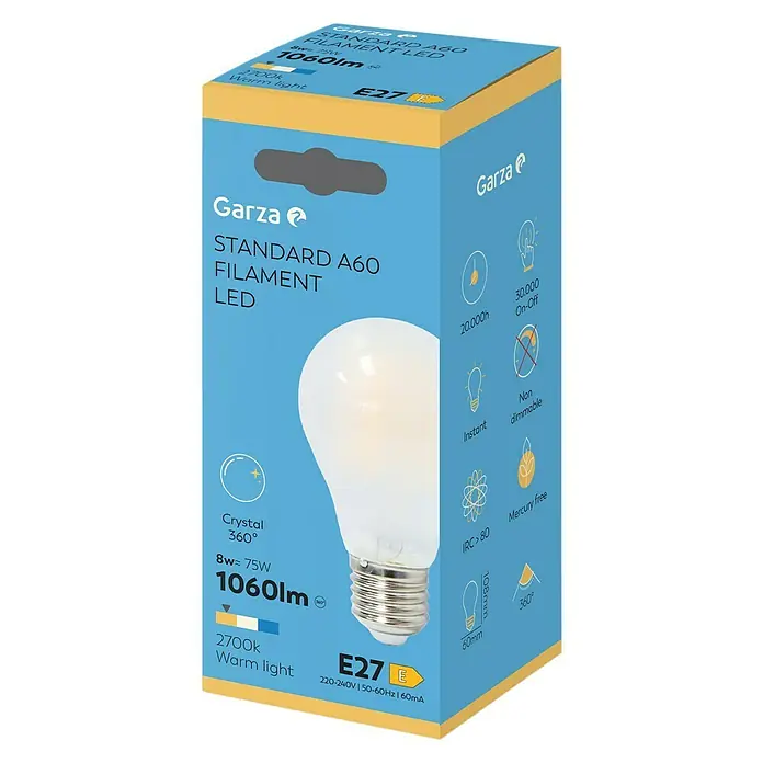Garza Bombilla LED Crystal - E27, No regulable, Blanco cálido, 1.060 lm, 9 W - El producto es una bombilla LED Garza Standard A60 Filament con base E27, 1060 lúmenes y luz blanca cálida de 2700K.