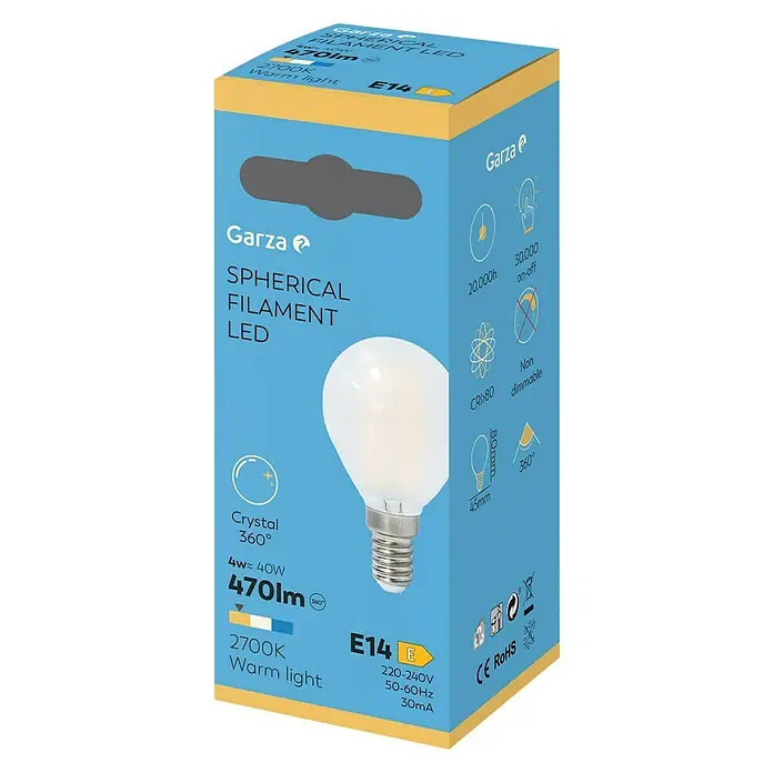 Garza Bombilla LED Transparente - E14, No regulable, Blanco cálido, 470 lm, 4 W - Imagen del producto de la bombilla LED de filamento esférico Garza, E14, 4W equivale a 40W, 470lm, blanco cálido 2700K, no regulable, larga duración.
