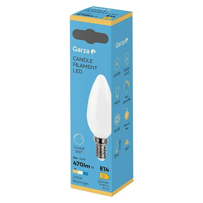 Garza Bombilla LED - E14, No regulable, Blanco cálido, 470 lm, 4 W - Imagen de una bombilla LED de filamento E14 de 470lm y luz cálida 2700K sobre fondo azul.