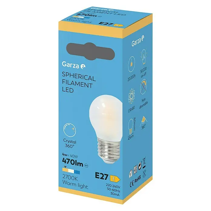 Garza Bombilla LED Vintage - E27, No regulable, Blanco cálido, 470 lm, 4 W - La imagen muestra una bombilla de filamento LED esférica Garza, base E27, con 470 lúmenes y luz blanca cálida (2700K).