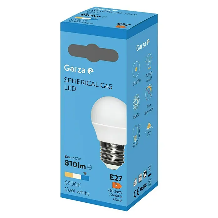 Garza Bombilla LED - E27, No regulable, Blanco frío, 640 lm, 5.000 K, 8 W, 1 ud. - Foto del producto de un embalaje azul de una bombilla LED G45 Garza, 8W, 810 lúmenes, luz blanca fría de 6500K.