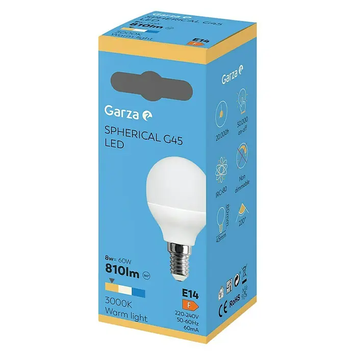 Garza Bombilla LED - E14, No regulable, Blanco cálido, 810 lm, 8 W, Redonda - Imagen del producto de una bombilla LED Garza Spherical G45, 8W equivalente a 60W, 810 lúmenes, luz blanca cálida 3000K, base E14.