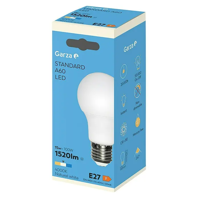 Garza Bombilla LED - E27, No regulable, Blanco neutro, 1.520 lm, 15 W - Imagen de un paquete de una bombilla LED estándar A60 de Garza que produce 1520 lúmenes y emite una luz blanca natural.
