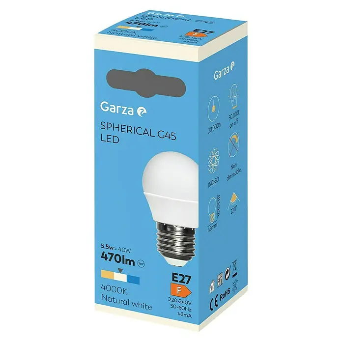 Garza Bombilla LED - E27, No regulable, Blanco neutro, 470 lm, 4.000 K, 5 W, 1 ud. - Imagen de una bombilla LED Garza Spherical G45 con base E27, 5,5W, 470lm, 4000K, blanco natural, no regulable.
