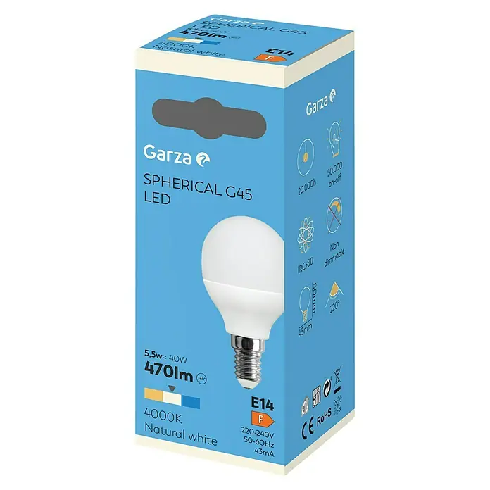 Garza Bombilla LED - E14, No regulable, Blanco neutro, 470 lm, 6 W, Redonda - Primer plano del embalaje de la bombilla LED Garza Spherical G45 con base E14, que proporciona 470 lúmenes y luz blanca natural de 4000K.