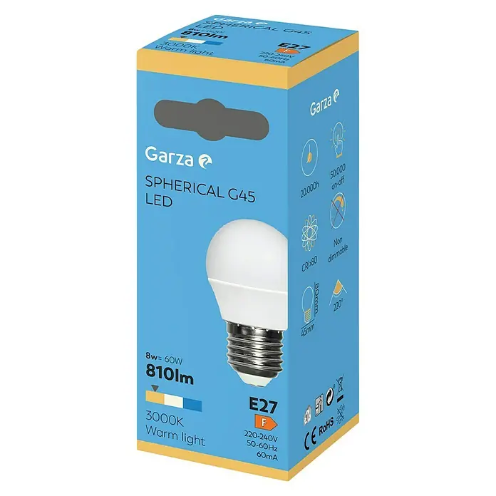 Garza Bombilla LED - E27, No regulable, Blanco cálido, 810 lm, 3.000 K, 8 W, 1 ud. - Primer plano del embalaje de una bombilla LED Garza G45, destacando las características de 8W≈60W, 810lm, luz cálida de 3000K y E27.
