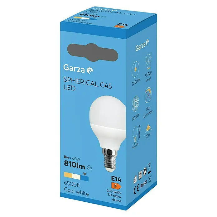 Garza Bombilla LED - E14, No regulable, Blanco frío, 810 lm, 8 W, Redonda - Primer plano del embalaje de una bombilla LED Garza, modelo Spherical G45.