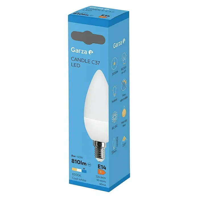 Garza Bombilla LED - E14, No regulable, Blanco frío, 640 lm, 8 W, Vela - Imagen de producto de una bombilla LED Garza C37 con rosca E14, 8W de potencia y 810 lúmenes, ideal para crear ambiente.