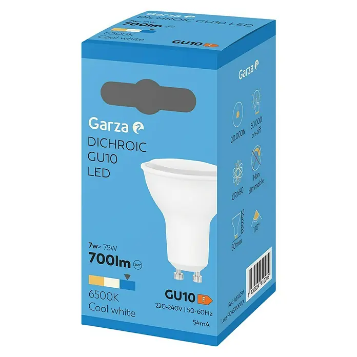 Garza Bombilla LED - GU10, No regulable, Blanco frío, 700 lm, 5.000 K, 8 W - Imagen del embalaje de una bombilla LED GU10 de Garza, destacada por su eficiencia energética y su brillante iluminación blanca fría.