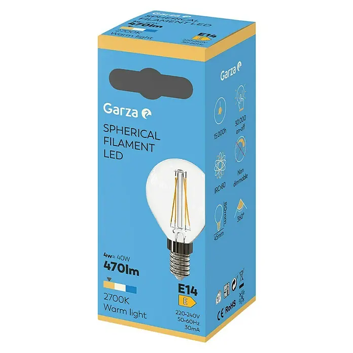 Garza Bombilla LED Filamento - E14, No regulable, Blanco cálido, 470 lm, 4 W, Redonda - Imagen del producto de una bombilla LED esférica de filamento de Garza con base E14, 470lm de luminosidad y luz blanca cálida de 2700K.
