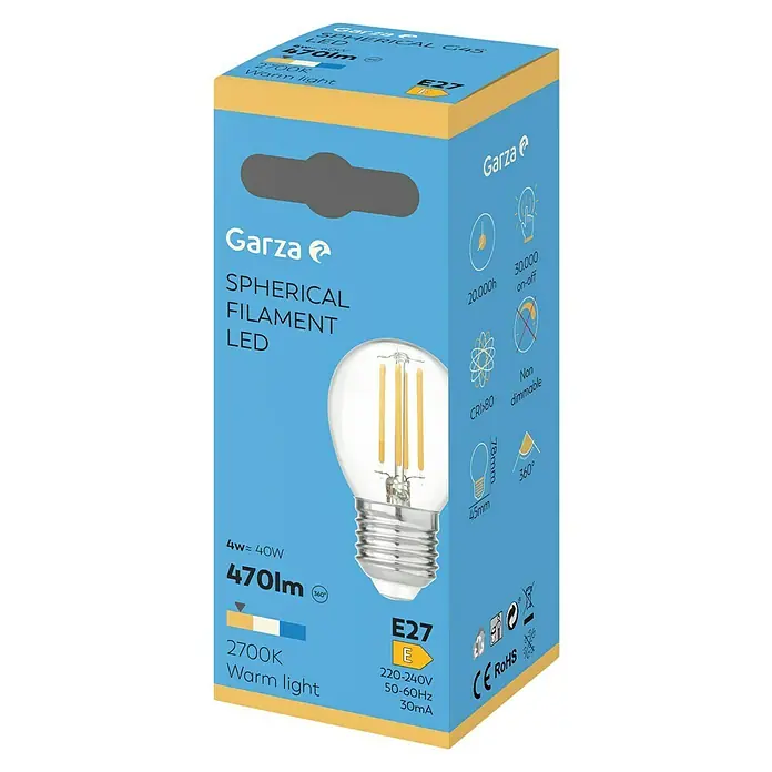 Garza Bombilla LED Filamento - E27, No regulable, Blanco cálido, 470 lm, 4 W - Imagen de una bombilla LED esférica de filamento Garza. Esta bombilla de 4W equivale a una incandescente de 40W y emite luz blanca cálida de 2700K.