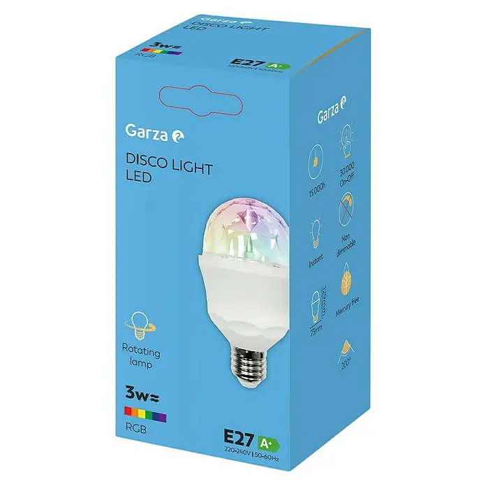 Garza Bombilla LED Disco - E27, No regulable, RGB, 3 W - Una luz LED Disco de Garza en su embalaje, diseñada para crear un efecto de iluminación giratorio multicolor para fiestas y eventos.