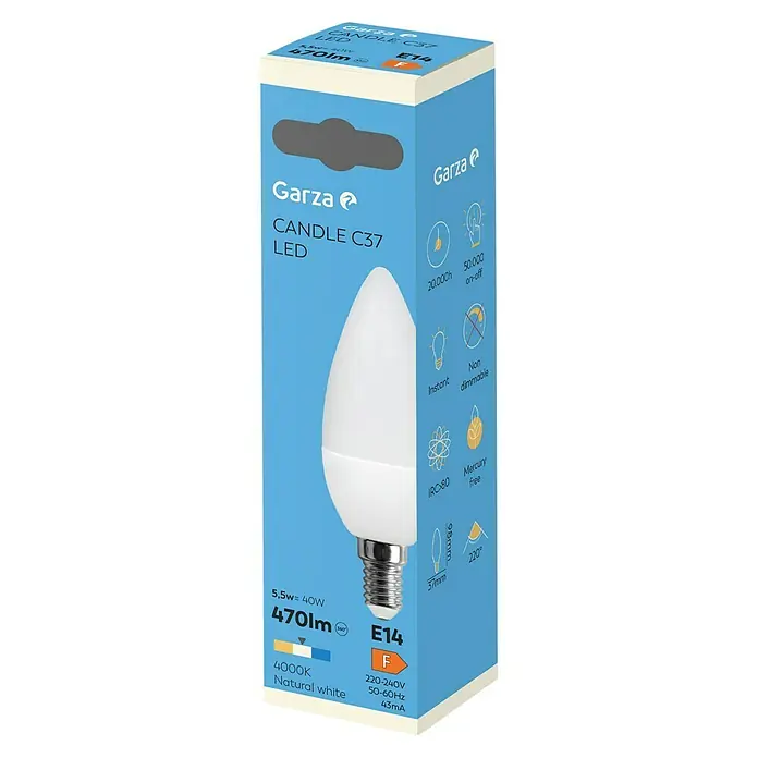Garza Bombilla LED - E14, No regulable, Blanco neutro, 470 lm, 6 W, Vela - Un primer plano del embalaje de una lámpara LED Garza Candle C37, destacando sus especificaciones y beneficios.