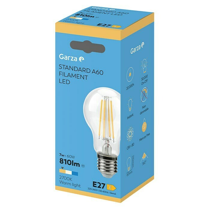Garza Bombilla LED (7 W, E27, Color de luz: Blanco cálido, No regulable, Redondeada)