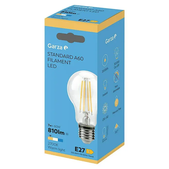 Garza Bombilla LED Filamento - E27, No regulable, Blanco cálido, 810 lm, 7 W - Primer plano de una bombilla de filamento LED GARZA Standard A60 en su embalaje, destacando detalles como el brillo y la temperatura de color.