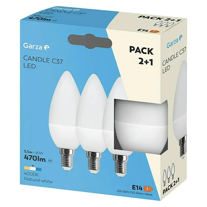 Garza Bombilla LED Vela Pack - E14, No regulable, Blanco neutro, 400 lm, 5 W - Paquete de tres bombillas LED vela C37 de Garza. 5,5W ≈ 40W, 470lm, 4000K blanco natural. Clase de eficiencia energética F.