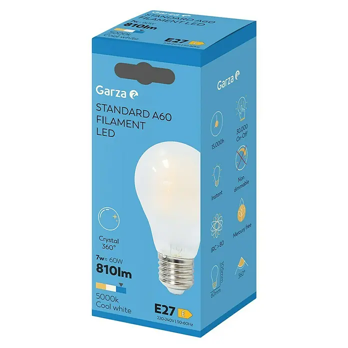 Garza Bombilla LED Filamento - E27, No regulable, Blanco neutro, 810 lm, 7 W - Bombilla LED estándar A60 de Garza, 7W con 810lm, 5000K, temperatura de color blanco frío y base E27.