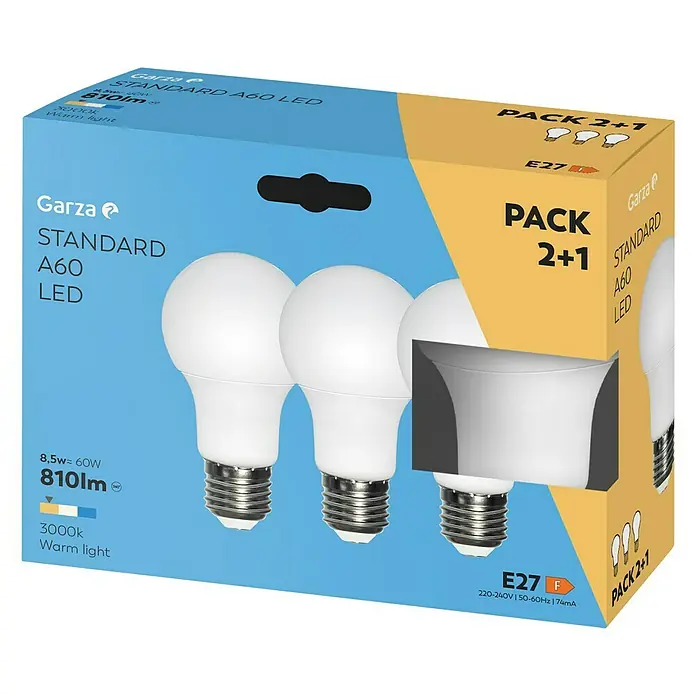 Garza Set de bombillas LED - E27, No regulable, Blanco cálido, 810 lm, 9 W, 3 ud. - Imagen de un paquete de 3 bombillas LED Garza Standard A60 que producen luz cálida con una eficiencia energética E27.