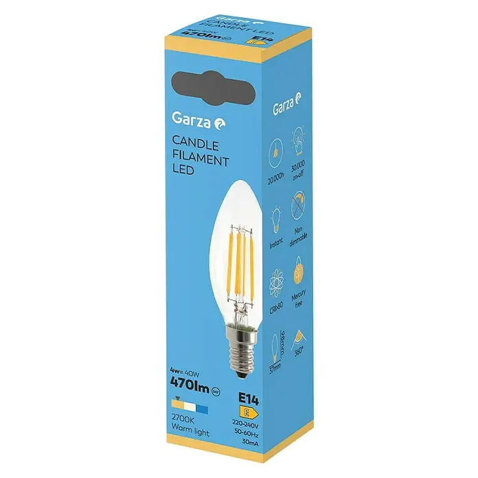 Garza Bombilla LED Filamento - E14, No regulable, Blanco cálido, 470 lm, 4 W, Vela - Toma del producto, una bombilla de filamento de vela LED E14 de 470lm que proporciona una luz cálida y no regulable.