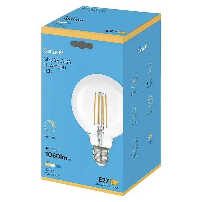 Garza Bombilla LED Vintage - E27, Intensidad regulable, Blanco cálido, 8 W, Transparente - Primer plano del embalaje de una bombilla de filamento LED Garza Globe G125, destacando la atenuación y la luz cálida.