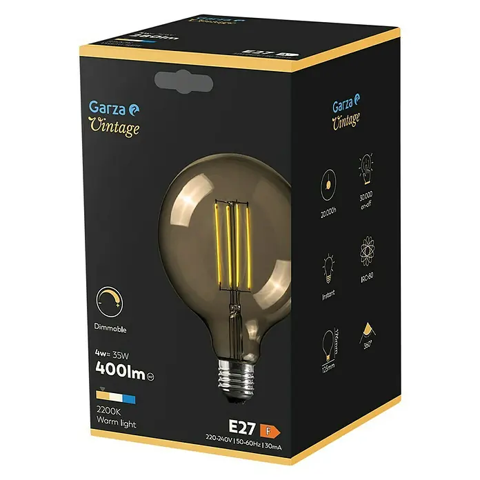 Garza Bombilla LED Vintage - E27, Intensidad regulable, Blanco cálido, 280 lm, 4 W, Gold - Embalaje de una bombilla LED regulable Garza Vintage con 400 lúmenes que emite luz cálida.
