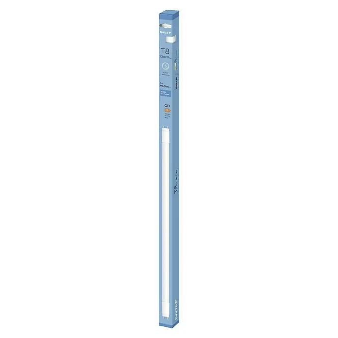 Garza Tubo fluorescente LED - Largo: 60 cm, Blanco frío, 9 W, 800 lm, G13 - Imagen de un tubo fluorescente T8 presentado en un embalaje azul claro, ideal para soluciones de iluminación claras y brillantes.