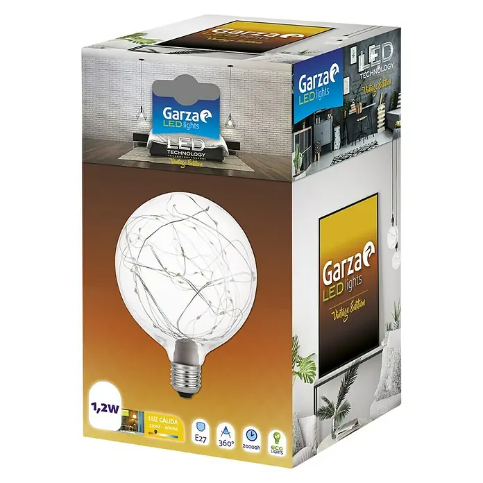 Garza Bombilla LED Vintage - E27, No regulable, Blanco cálido, 170 lm, 1,2 W, Guirnalda - El empaque de una bombilla LED Garza de la Vintage Edition, que muestra una bombilla transparente con delicadas luces LED en su interior.