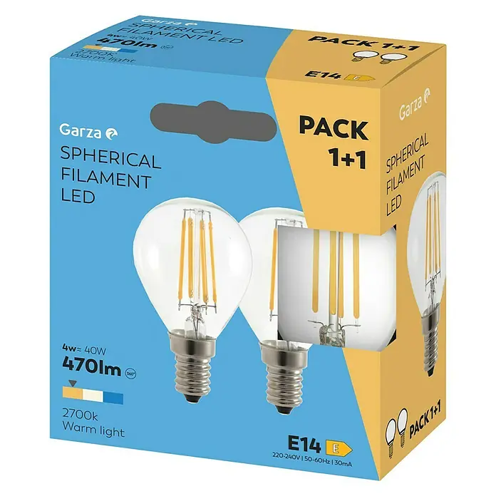 Garza Bombilla LED - E14, No regulable, Blanco cálido, 470 lm, 4 W, Redonda, 2 ud. - Embalaje del producto para un paquete 1+1 de bombillas LED Garza con filamento esférico, base E14 y luz blanca cálida.