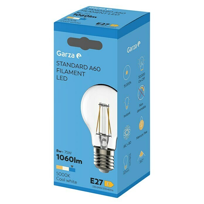 Garza Bombilla LED Filamento (9 W, E27, Color de luz: Blanco frío, No regulable, Redondeada)