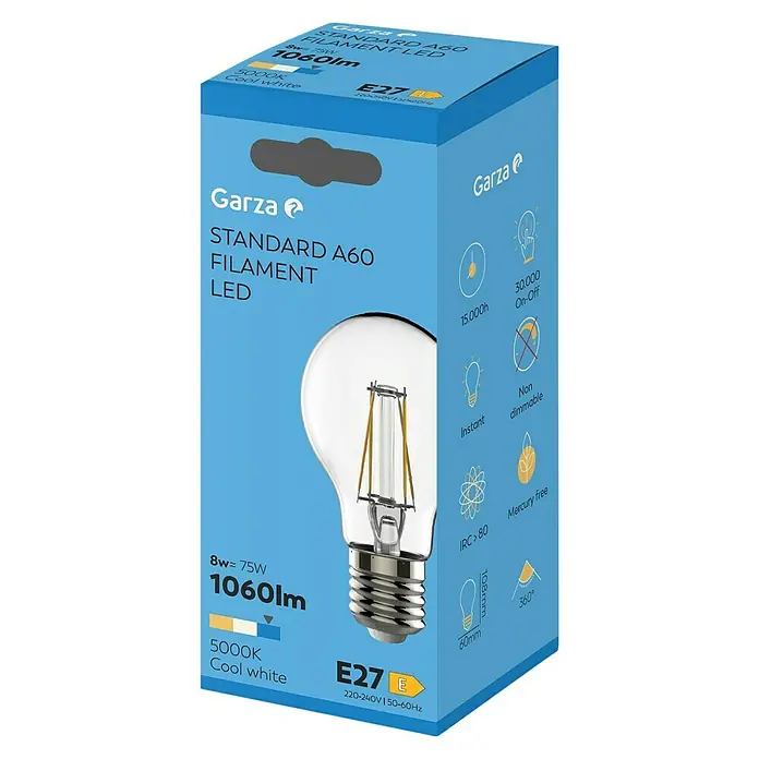 Garza Bombilla LED Filamento - E27, No regulable, Blanco frío, 1.060 lm, 9 W - Imagen de una bombilla LED de filamento A60 estándar 'Garza'. Ofrece 1060lm, luz blanco frío 5000K, y no es regulable.