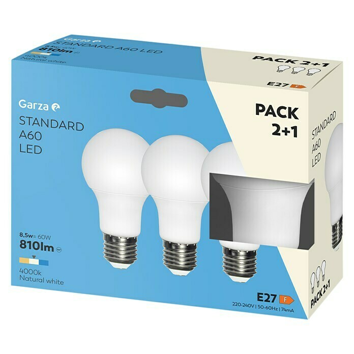Garza Bombilla LED (3 uds., E27, 3 x 9 W, Color de luz: Blanco neutro, No regulable)