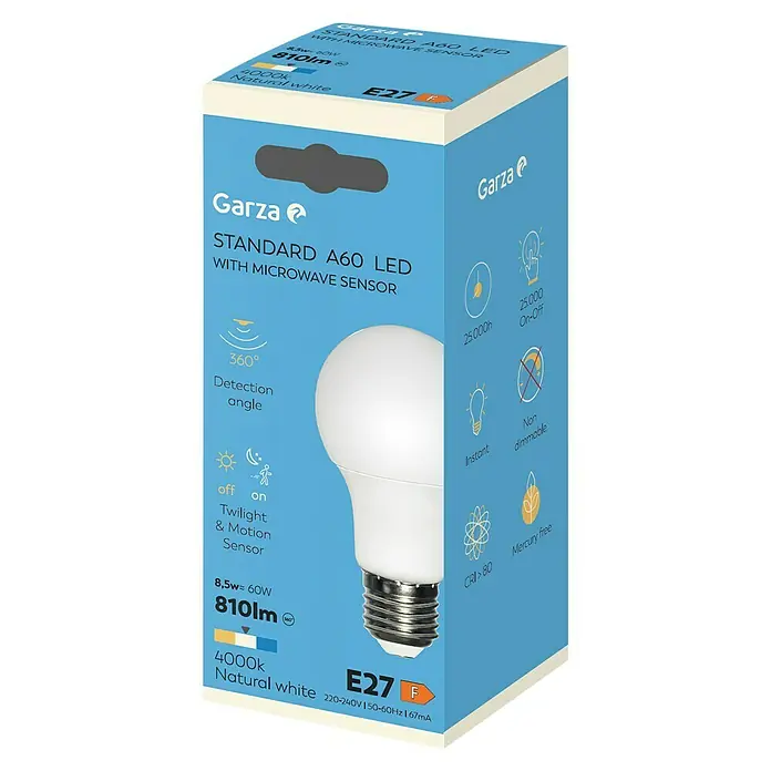 Garza Bombilla LED con sensor de movimiento - E27, No regulable, Blanco neutro, 806 lm, 10 W - Bombilla LED Garza Standard A60 de bajo consumo con sensor de microondas, emitiendo una luz blanca natural cálida y fácil de instalar.