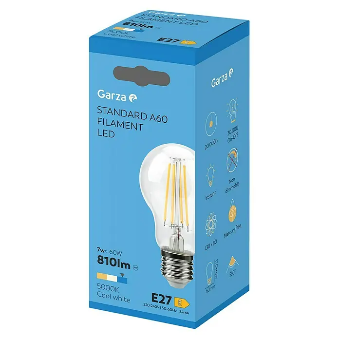 Garza Bombilla LED Filamento - E27, No regulable, Blanco frío, 810 lm, 7 W - Primer plano del embalaje de una bombilla LED Garza Standard A60 Filament con base E27 y 810 lúmenes en luz blanca fría.