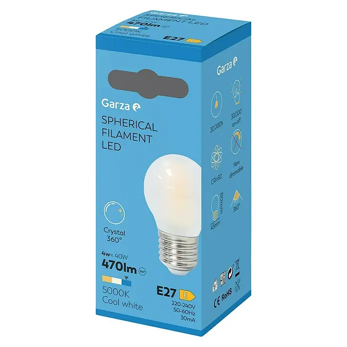 Garza Bombilla LED - E27, No regulable, Blanco neutro, 470 lm, 4 W - Imagen del producto: bombilla LED de filamento esférico Garza, 4W equivale a 40W, 470lm, 5000K blanco frío.
