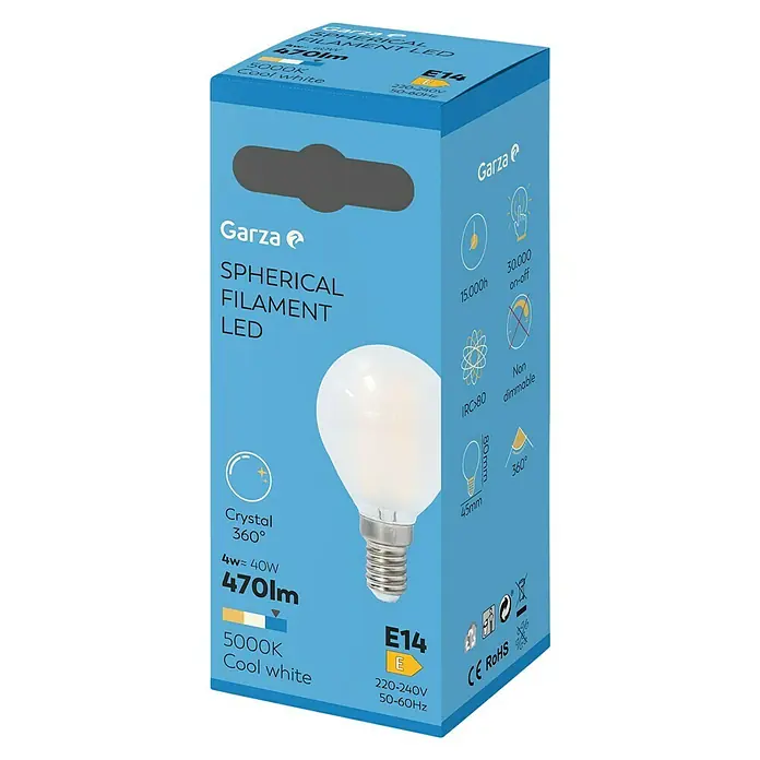 Garza Bombilla LED Crystal - E14, No regulable, Blanco neutro, 470 lm, 4 W, Redonda - Embalaje del producto: Bombilla LED Garza Spherical Filament, 4W equivalente a 40W, 470lm, 5000K Cool White, base E14.