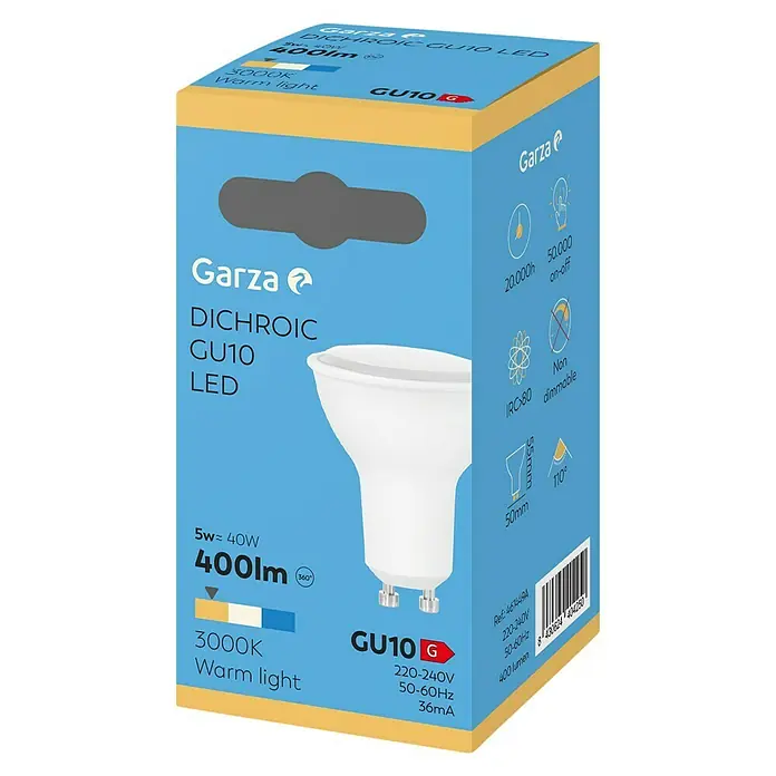 Garza Bombilla LED - GU10, No regulable, Blanco cálido, 400 lm, 3.000 K, 5 W - Embalaje de una bombilla LED GU10 Garza, 5W equivalente a 40W, con 400lm de flujo luminoso y luz blanca cálida de 3000K.