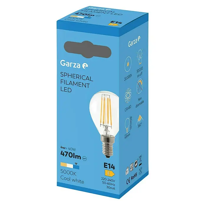 Garza Bombilla LED - E14, No regulable, Blanco neutro, 470 lm, 4 W, 1 ud. - Imagen de una bombilla de filamento LED Garza, forma esférica, 4W equivale a 40W, 470lm, 5000K, blanco frío, base E14, no regulable.